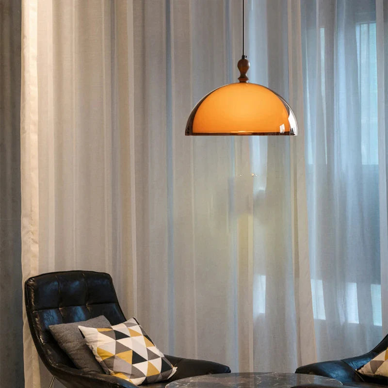Warm amber glass dome pendant light with polished brass finish and wooden finial for acrylic pendant light dark wood lampshade