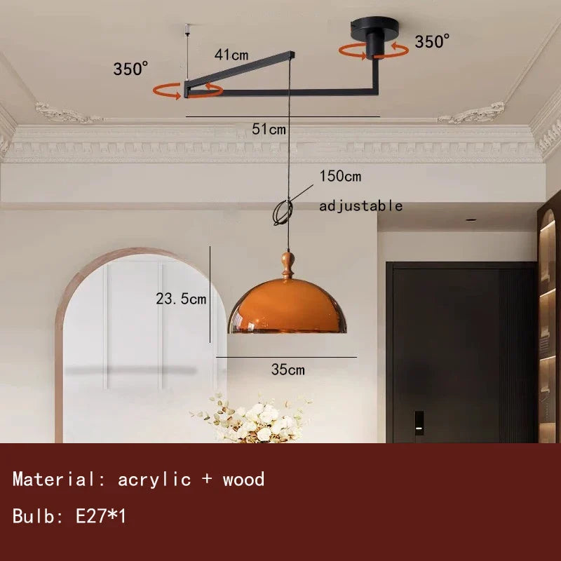 Adjustable modern acrylic pendant light with dark wood lampshade and warm amber dome featuring e27 bulb socket