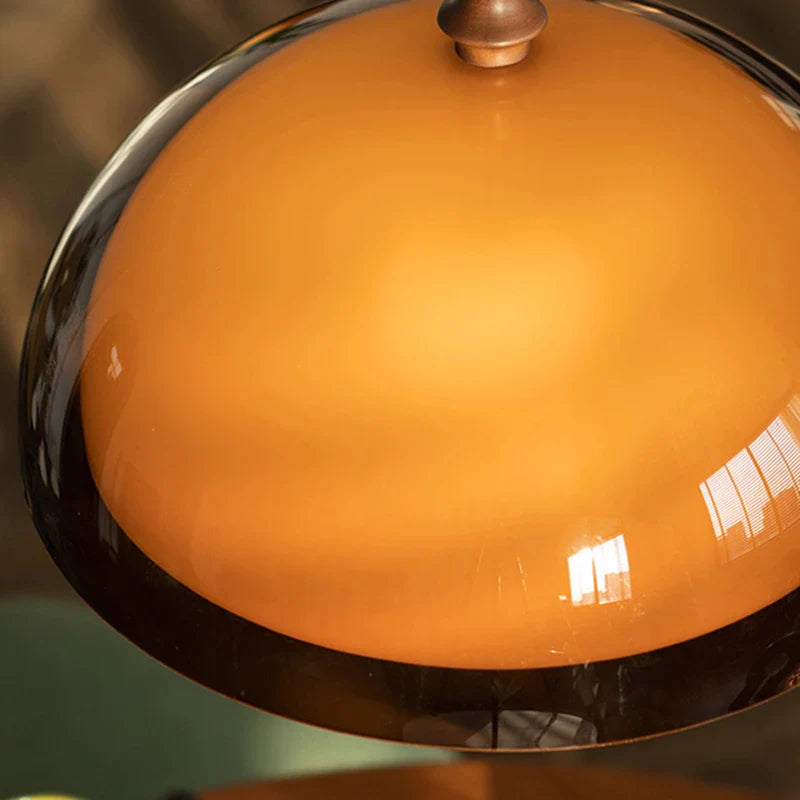 Warm amber glass dome pendant light with polished brass rim and knob for acrylic pendant light dark wood lampshade