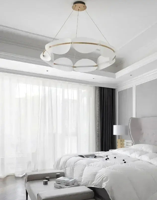 Modern white and gold dimmable DecorBites acrylic ring chandelier with layered translucent shades for dining room use