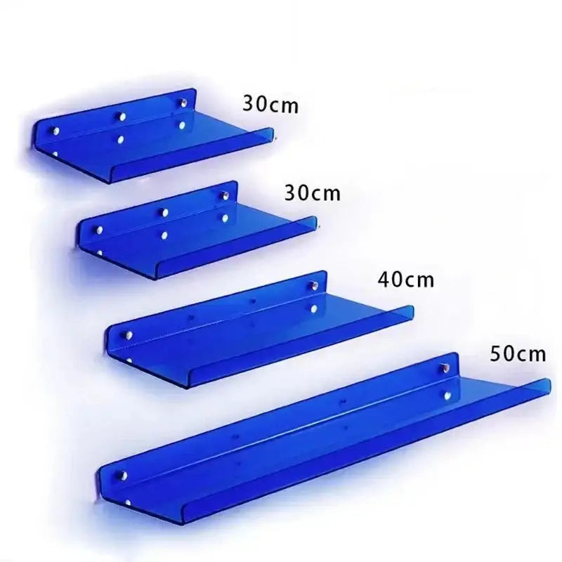 DecorBites™ acrylic wall shelf organizer with blue translucent shelves in varying lengths for stylish home decor