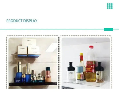 Clear glass spice jars with black lids on a white decorbites acrylic wall shelf organizer for home decor display