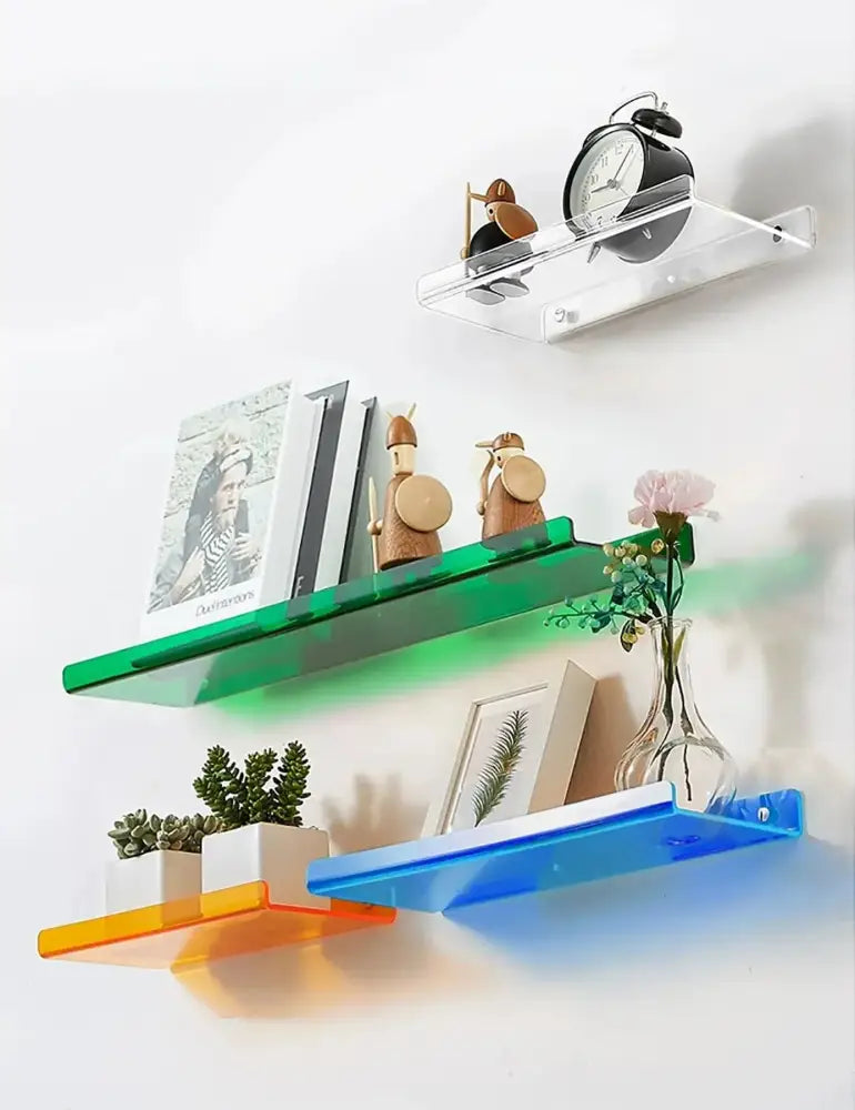 Decorbites™ acrylic wall shelf organizer with clear floating shelves in vibrant green blue and orange for home decor