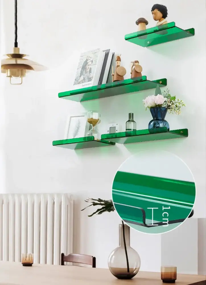 DecorBites™ acrylic wall shelf organizer with green glass floating shelves and metallic brackets for home decor