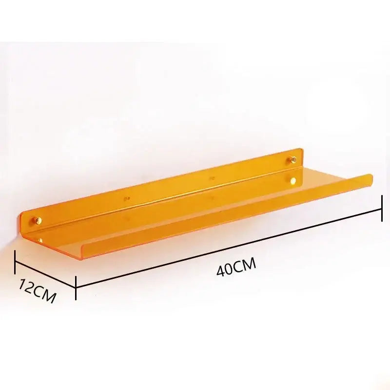 Orange translucent acrylic wall shelf with sleek modern design and gold mounting hardware for home decor organizer