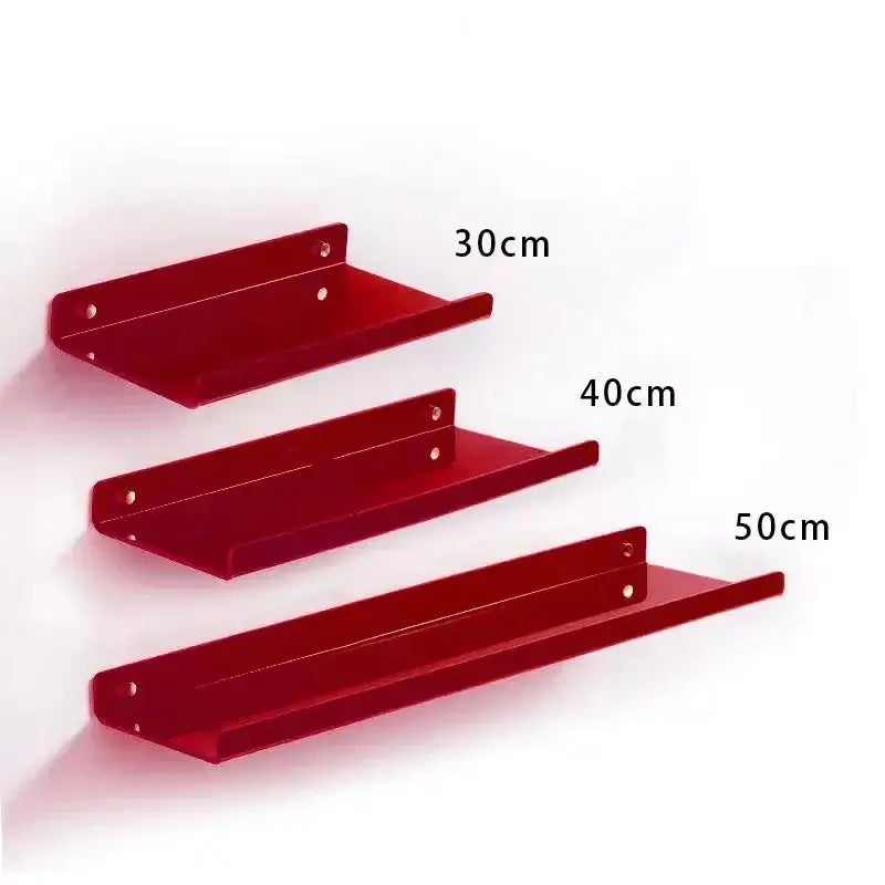 Decorbites™ acrylic wall shelf organizer featuring red metal wall shelves in 30cm 40cm and 50cm lengths for home decor