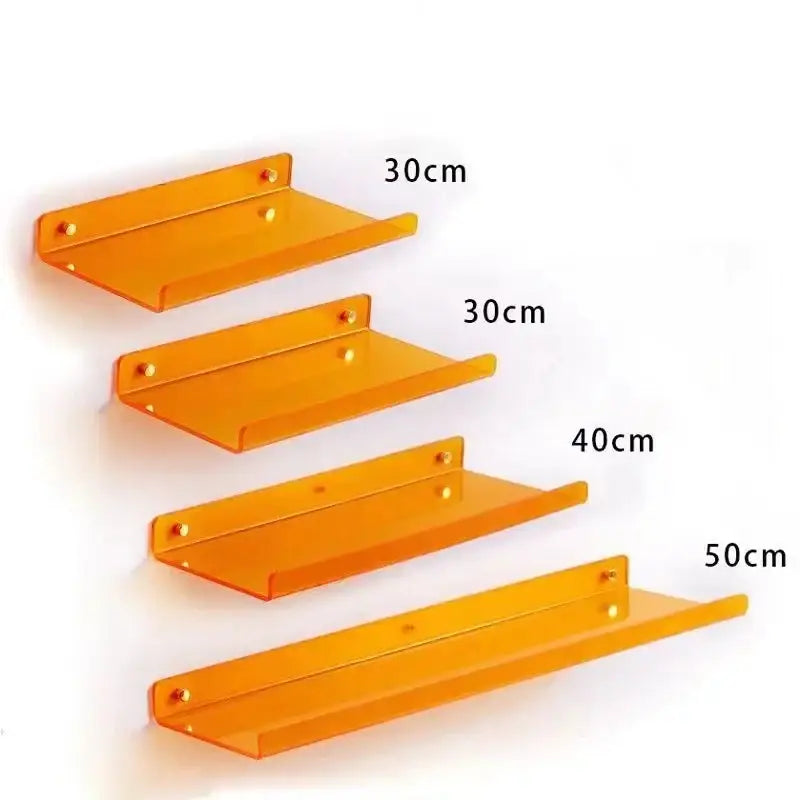 Set of four translucent orange acrylic wall shelves in 30cm 40cm and 50cm lengths decorative home decor wall shelf organizer