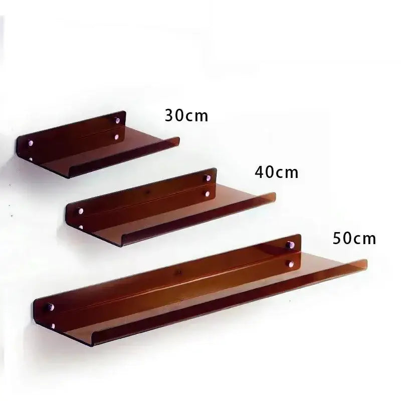 Set of three brown acrylic wall shelves in 30cm 40cm and 50cm lengths for home decor and wall shelf organizer use