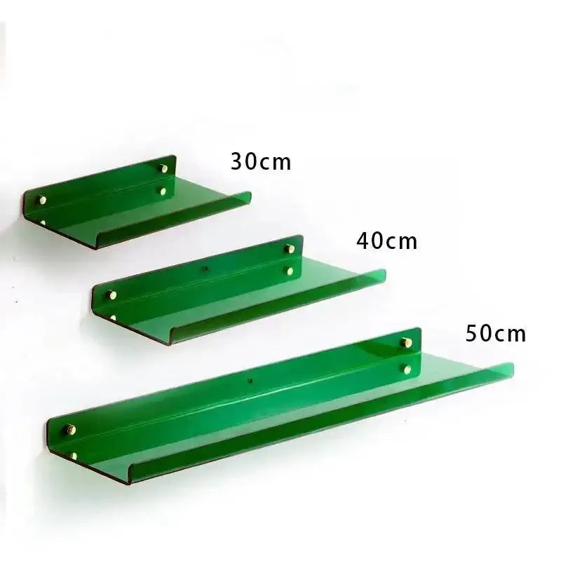 Decorbites acrylic wall shelf organizer set of three green acrylic wall shelves for home decor in 30cm 40cm and 50cm lengths