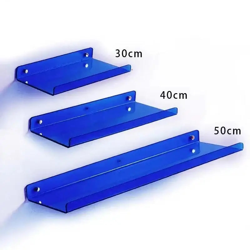 Set of three translucent blue acrylic wall shelves in 30cm 40cm and 50cm lengths for home decor wall shelf organizer