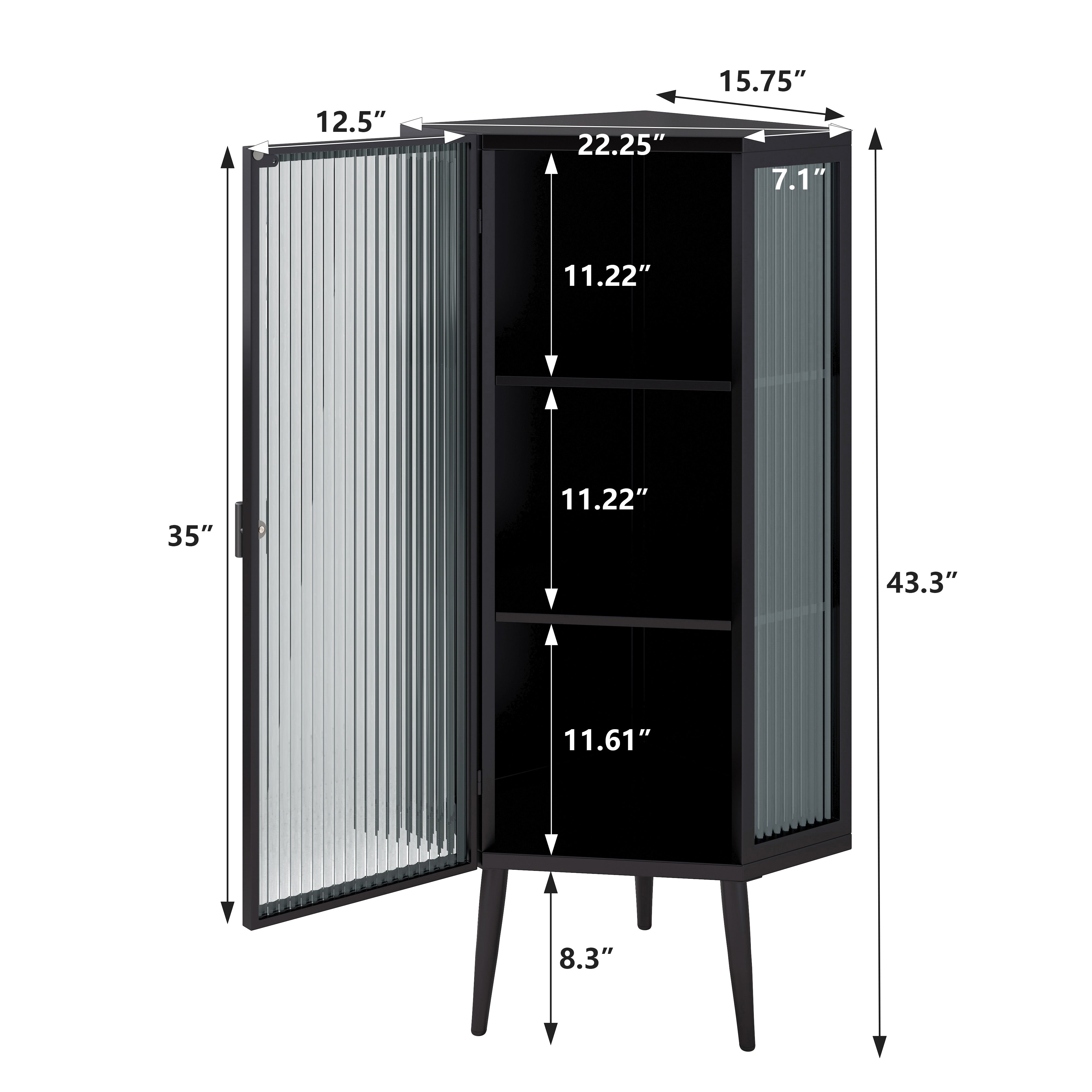 Gabinete de Esquina para Piso de 22.25'', Tres Niveles con Puertas de Vidrio Templado y Estantes de Almacenamiento para Baño, Sala de Estar y Dormitorio Negro