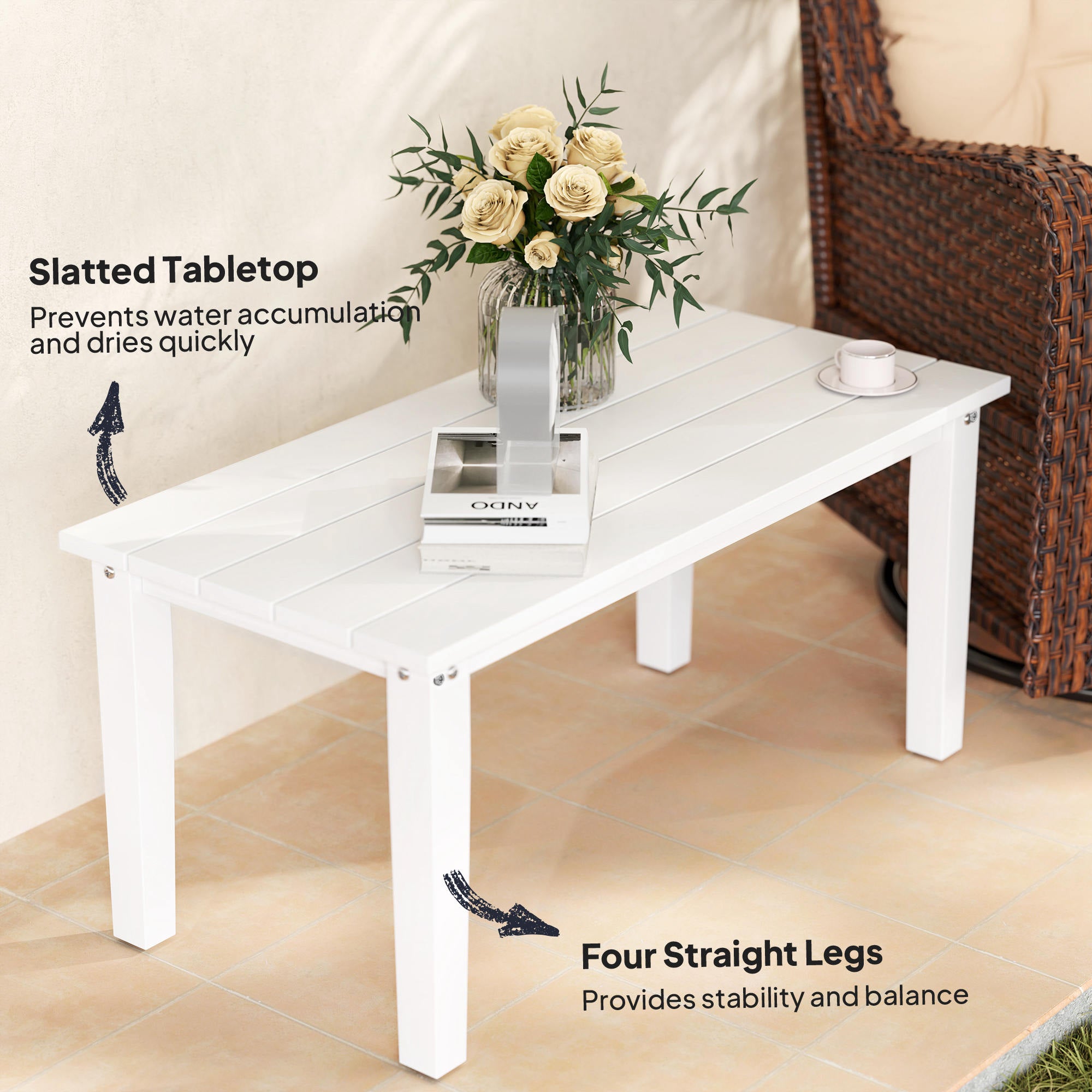 Mesa de Café Exterior Rectangular, Mesa de Patio Exterior para Todo Clima en HDPE con Superficie de Mesa con Listones para Jardín, Balcón, Blanca
