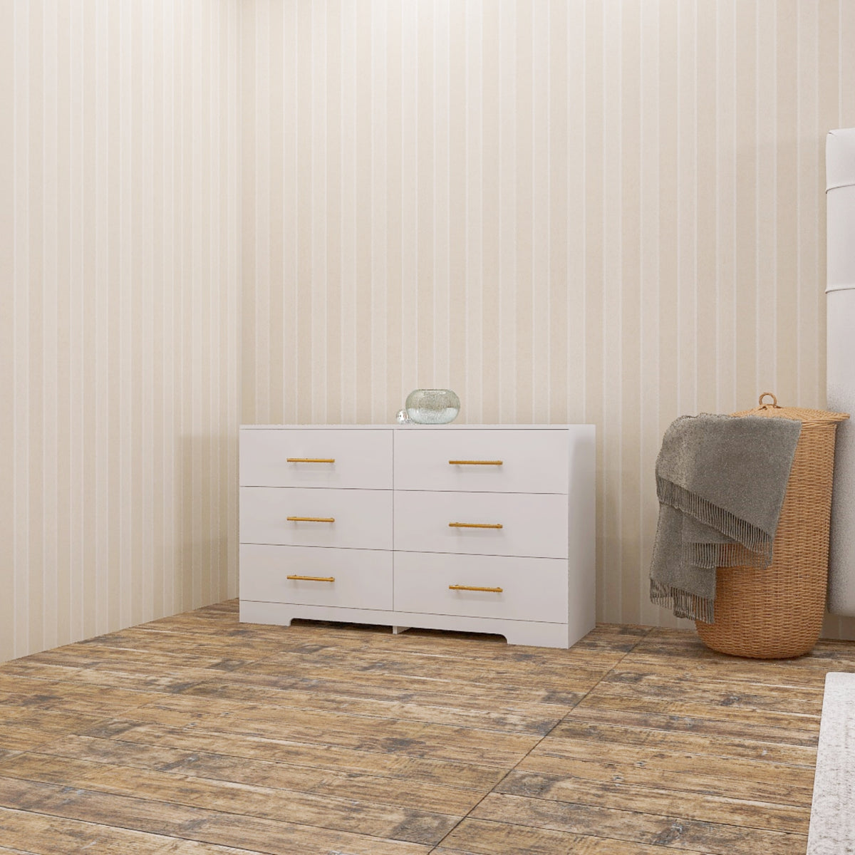 Cómoda de 6 cajones grande de color blanco con manijas doradas