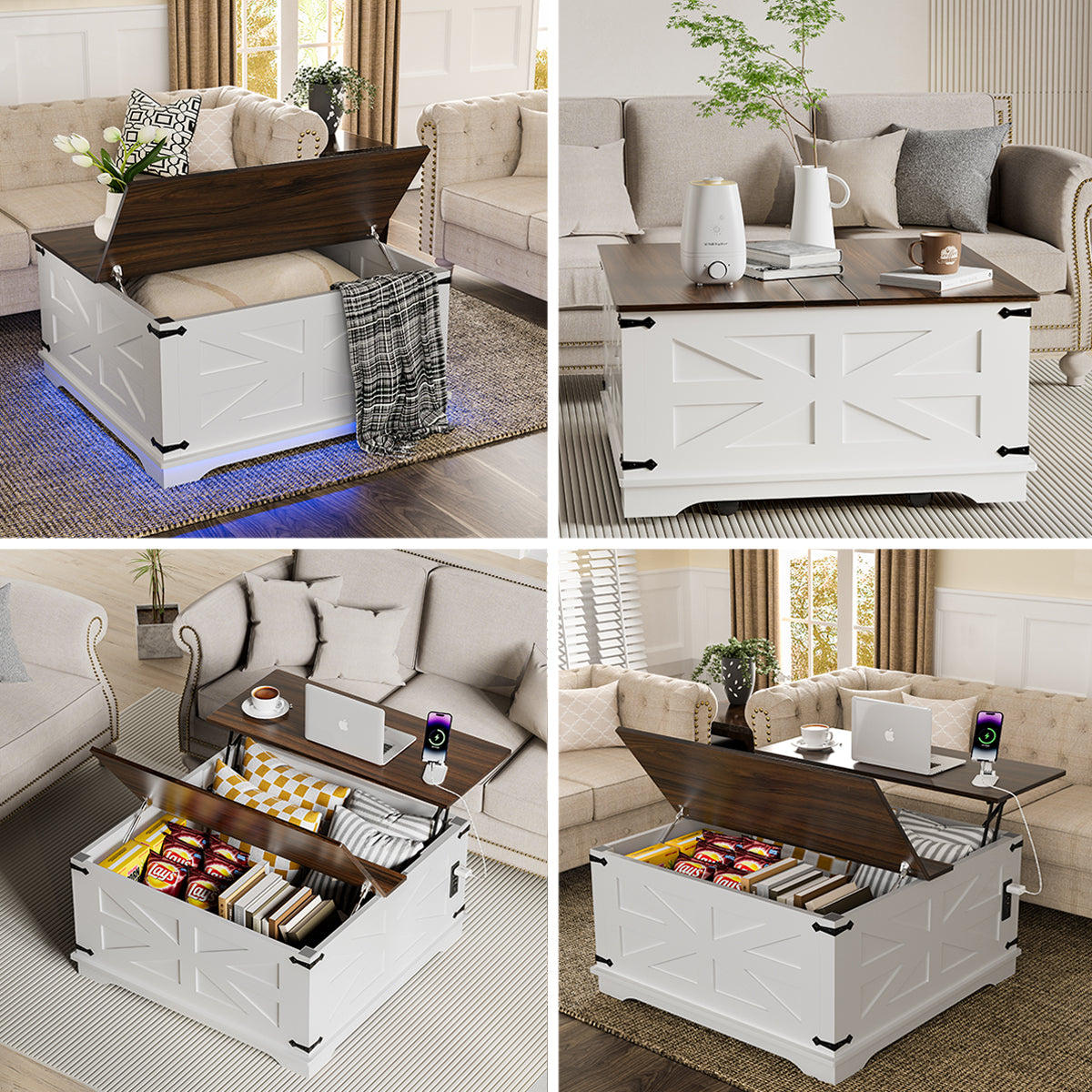 Mesa de Centro de Estilo Rústico con Superficie Elevable, Estación de Carga USB y Almacenamiento Oculto - Base de Madera Resistente, Opciones en Blanco-Marrón, Perfecta para la Organización del Salón, Mesa de Centro para el Salón, Versátil
