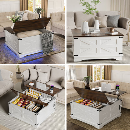 Farmhouse Coffee Table With Lift-Top, USB Charging Station & Hidden Storage - Sturdy Wooden Base, White-Brown Options, Perfect For Living Room Organization, Coffee Table For Living Room, Versatile