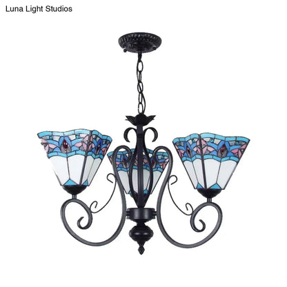 Lámpara colgante ajustable de 3 luces con vitral azul y cadena metálica - Iluminación colgante piramidal