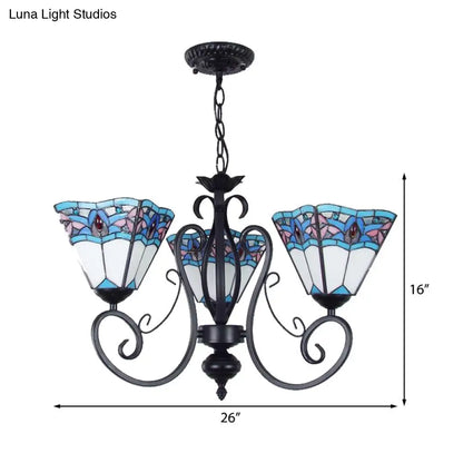Lámpara colgante ajustable de 3 luces con vitral azul y cadena metálica - Iluminación colgante piramidal