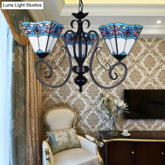 Lámpara colgante ajustable de 3 luces con vitral azul y cadena metálica - Iluminación colgante piramidal