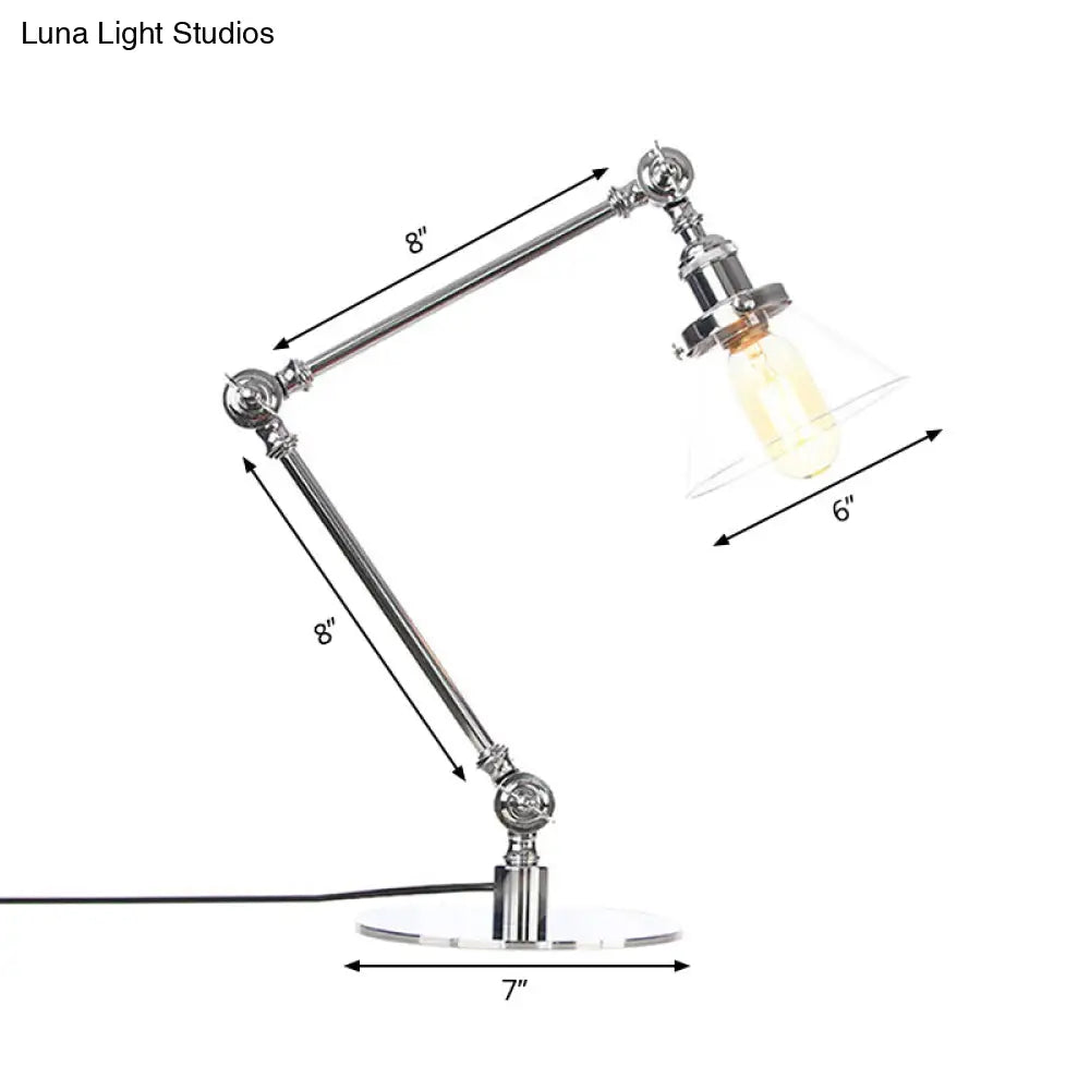 Lámpara de mesa industrial con brazo ajustable y pantalla de cristal transparente - Acabado negro/latón