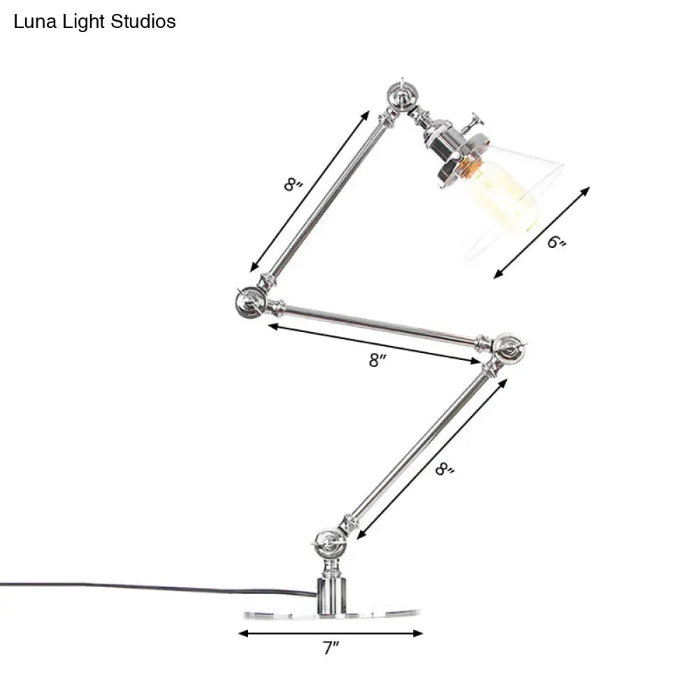 Lámpara de mesa industrial con brazo ajustable y pantalla de cristal transparente - Acabado negro/latón