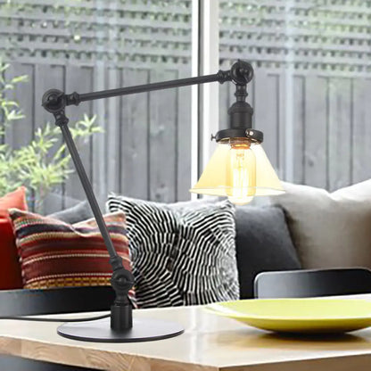 Lámpara de mesa industrial con brazo ajustable y pantalla de cristal transparente - Acabado negro/latón