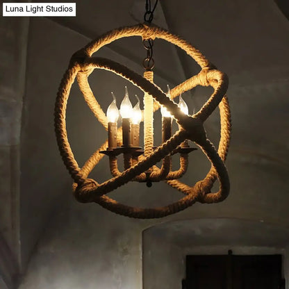 Lámpara de araña ajustable color beige para dormitorios - Lámpara colgante de estilo industrial, pantalla esférica de cuerda con cadena