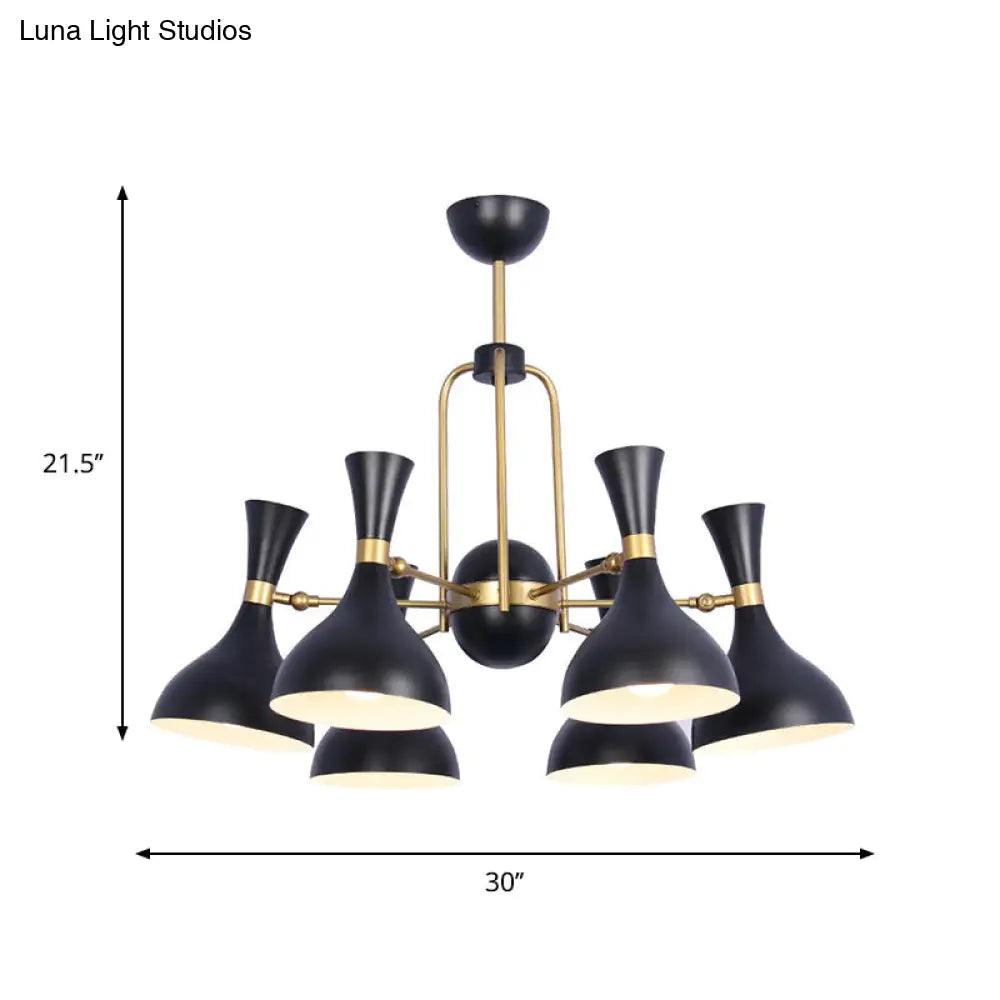 Lámpara colgante tipo araña ajustable de metal negro y dorado - 6 luces, forma de embudo, ideal para almacenes