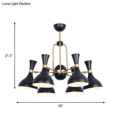 Lámpara colgante tipo araña ajustable de metal negro y dorado - 6 luces, forma de embudo, ideal para almacenes