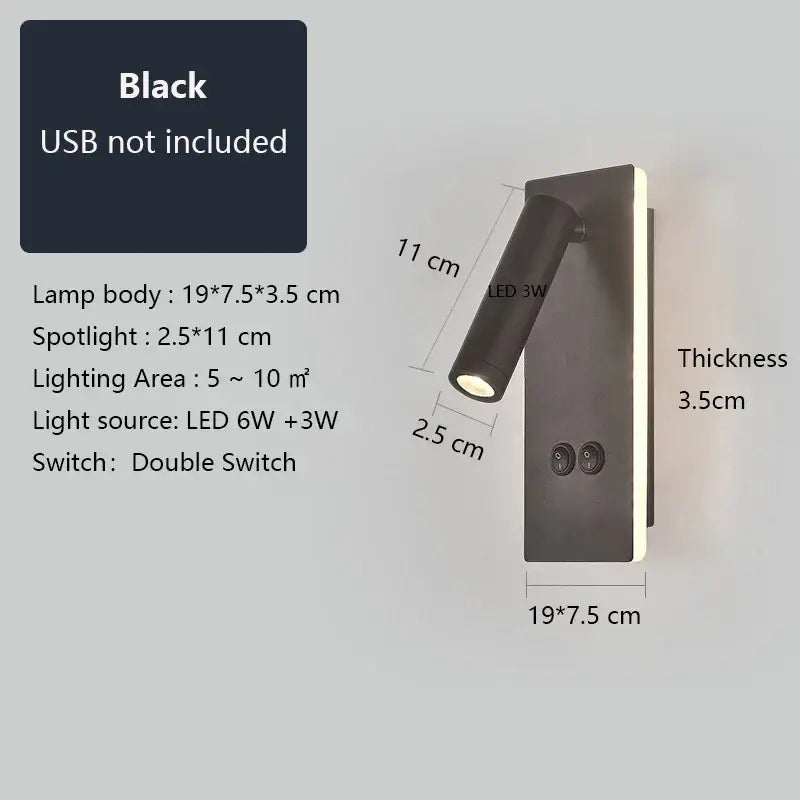 Adjustable black brass wall lamp with usb port featuring a sleek rectangular base and adjustable spotlight for bedroom decor