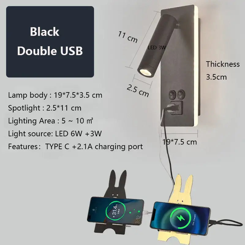 Adjustable black brass wall lamp decorbites with double USB ports and type-C charging port for bedroom use