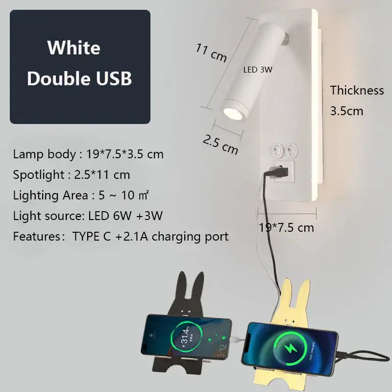 White wall lamp with double usb ports and led lighting in adjustable black brass decorbites black brass design