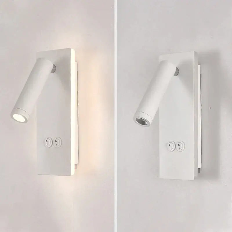 White modern wall lamp with adjustable cylindrical head and two control buttons for decorbites black brass bedroom use