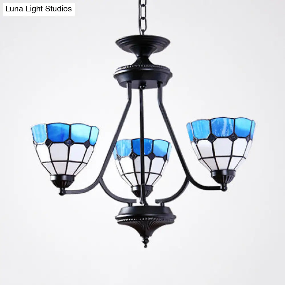 Lámpara de araña barroca ajustable de cristal azul con cadena metálica y 3 luces colgantes