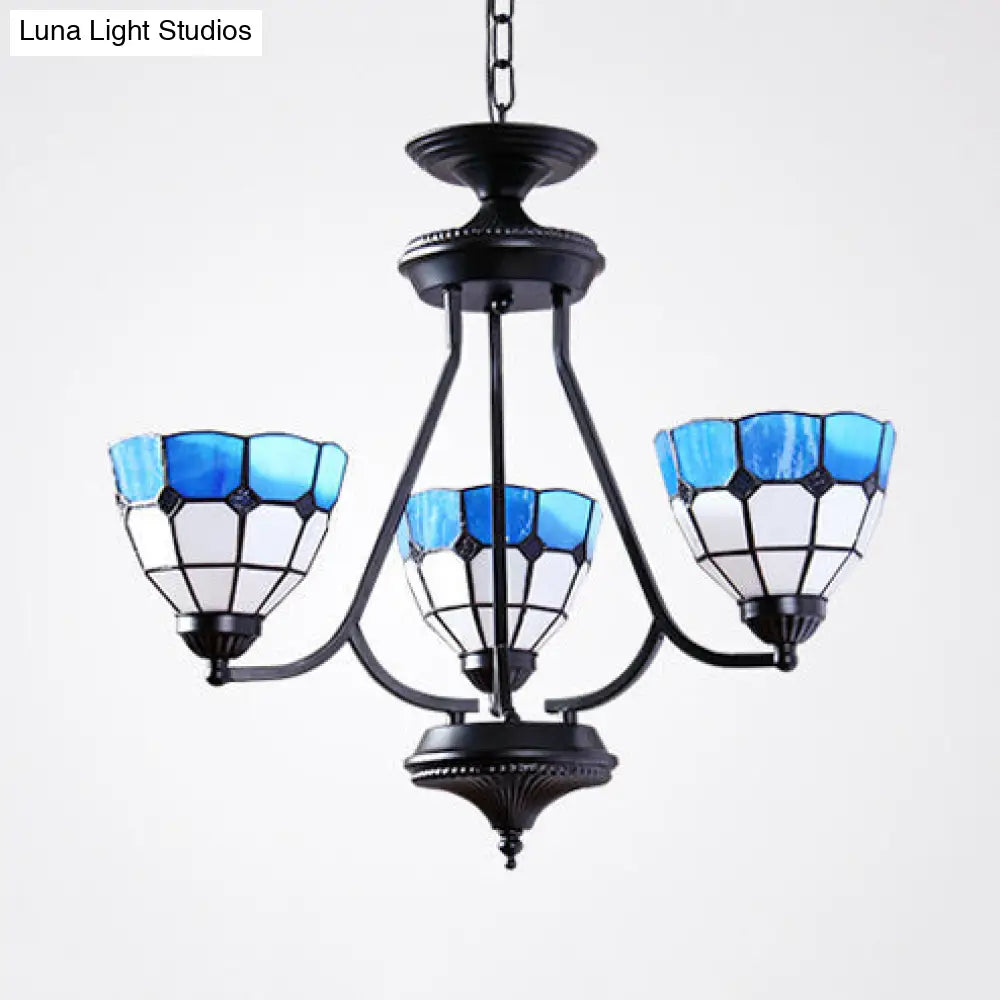 Lámpara de araña barroca ajustable de cristal azul con cadena metálica y 3 luces colgantes