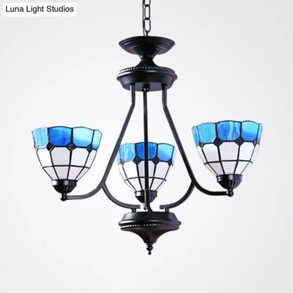 Lámpara de araña barroca ajustable de cristal azul con cadena metálica y 3 luces colgantes