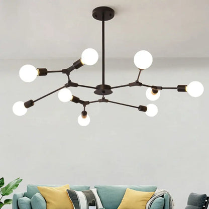 Lámpara colgante ajustable tipo rama: Araña de metal posmoderna con 6/9 luces en negro/dorado, ideal para la sala de estar.