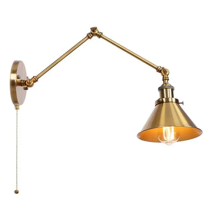 Adjustable brass gold long arm wall sconce with conical shade for bedroom reading light decorbites gold long style