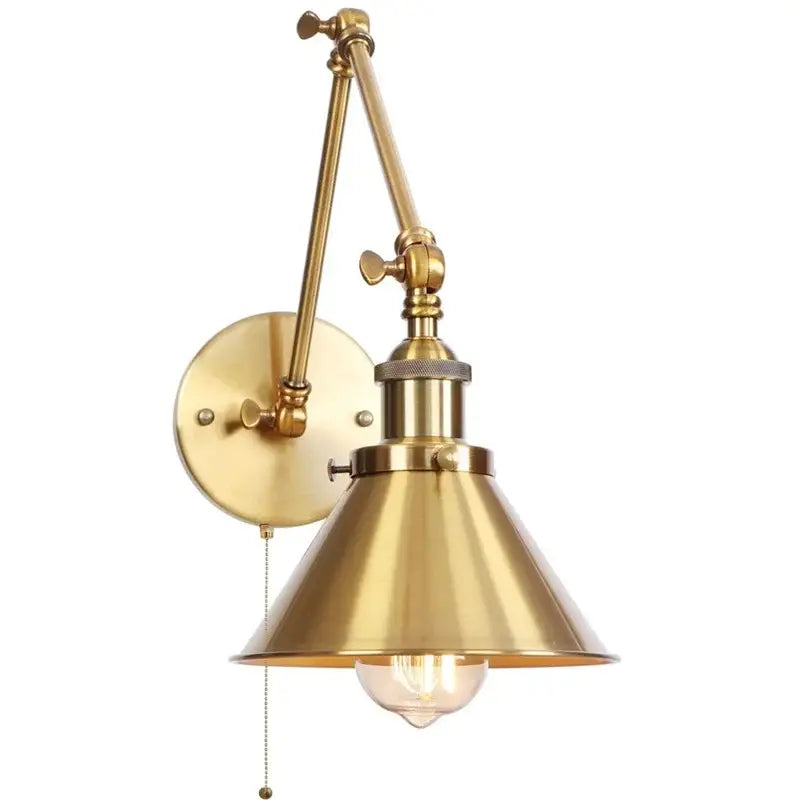 Adjustable brass gold long arm wall sconce with conical shade and exposed bulb for bedroom reading light decorbites gold long