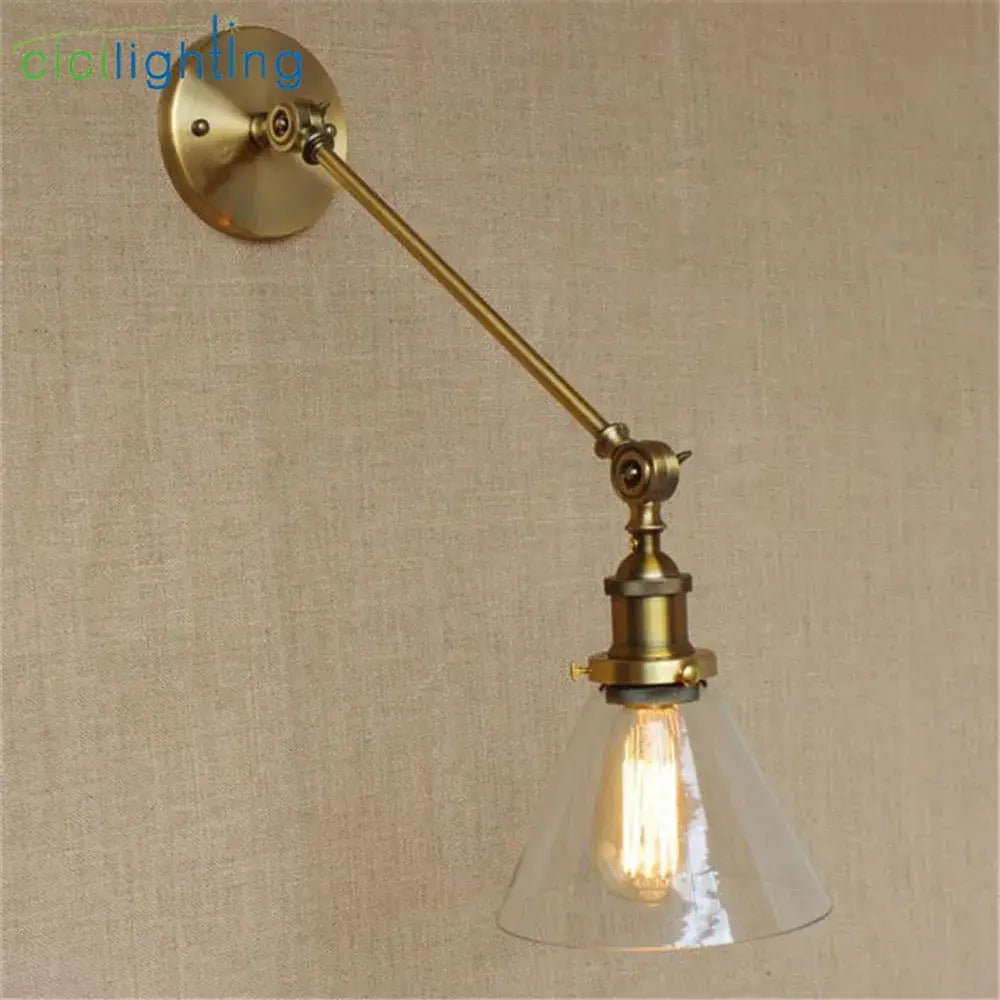 Adjustable brass wall sconce with clear glass conical shade and exposed edison bulb for decorbites brass copper wall lamp