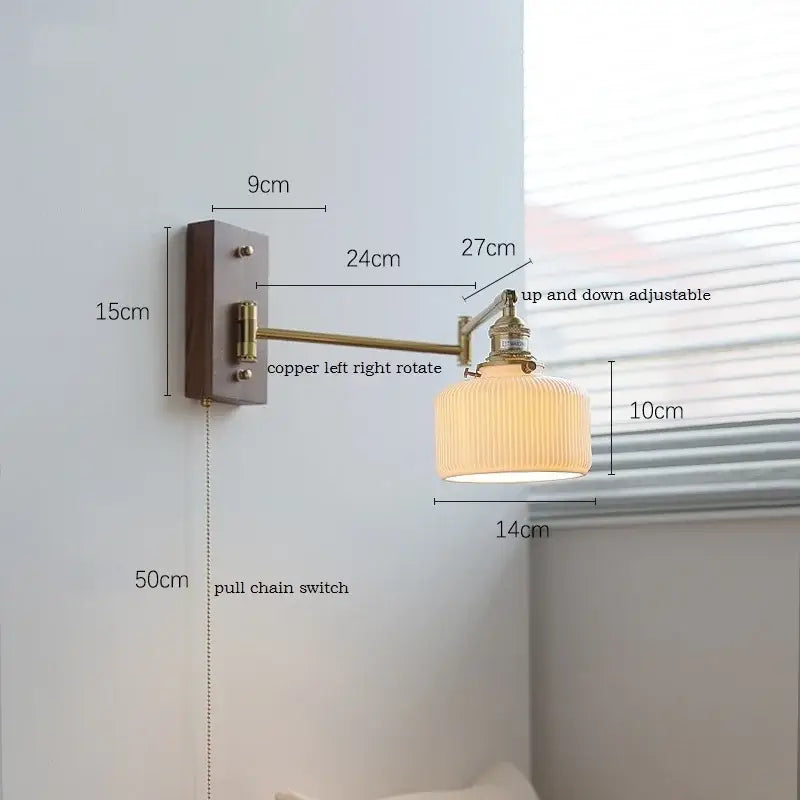 Adjustable brass wall sconce with copper arm and ribbed cream glass shade for bedroom decorbites wall sconce lighting