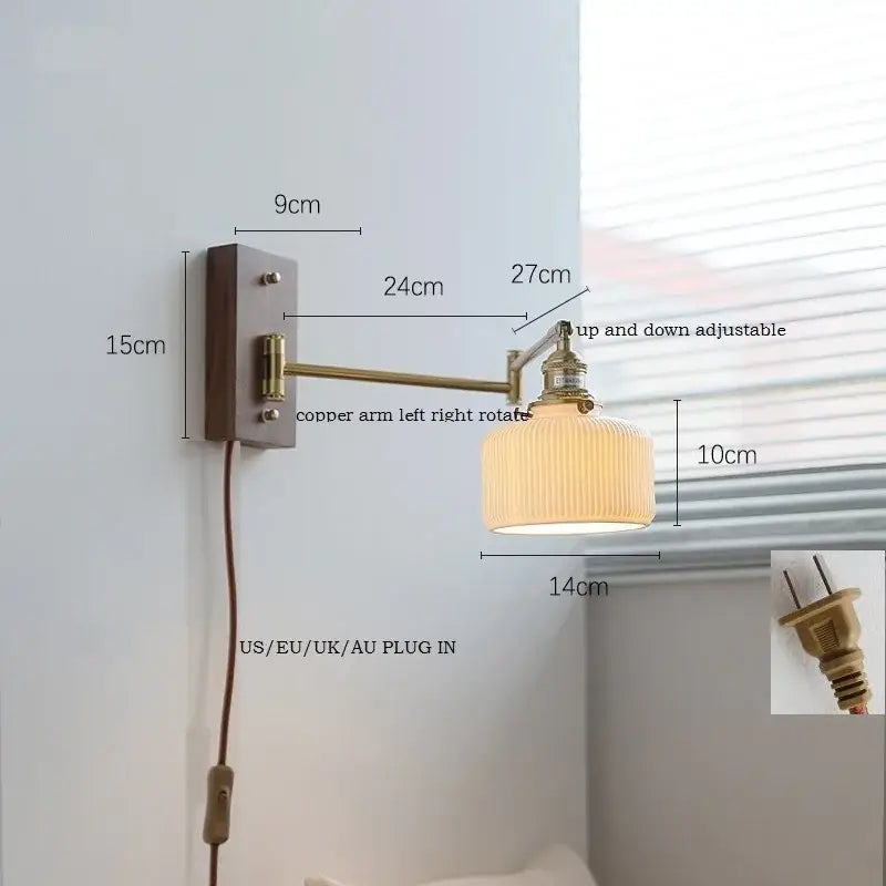 Adjustable brass wall sconce with ribbed cream glass shade and copper arm for bedroom lighting decorbites wall sconce