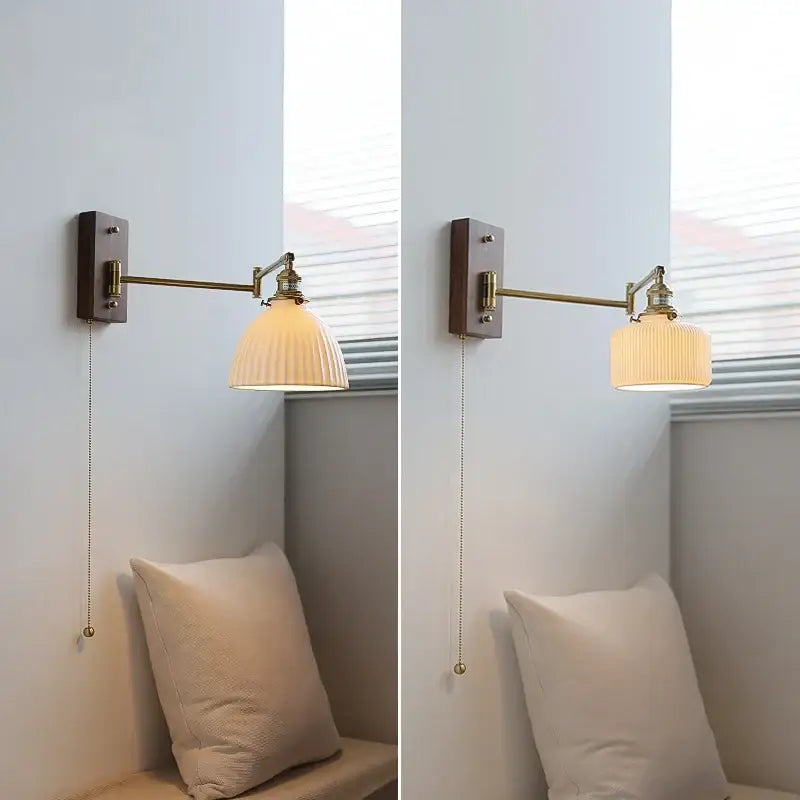Adjustable brass wall sconce with ribbed off-white glass shade copper arm and dark wood backplate for bedroom decorbites copper arm
