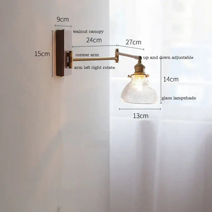 Adjustable copper arm wall sconce with walnut canopy and textured glass lampshade for bedroom decorbites copper arm