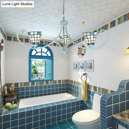 Lámpara colgante cónica con cadena ajustable - Araña de cristal de colores tradicional de 3 luces en azul