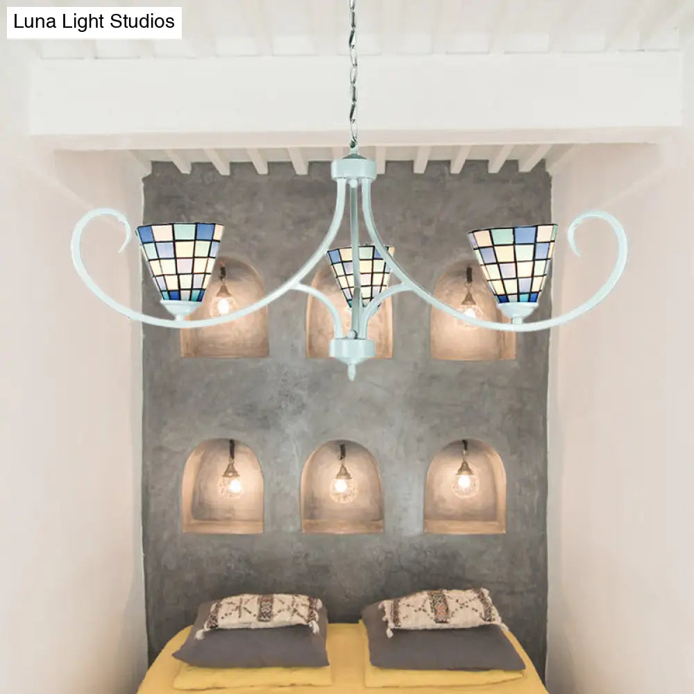 Lámpara colgante cónica con cadena ajustable - Araña de cristal de colores tradicional de 3 luces en azul