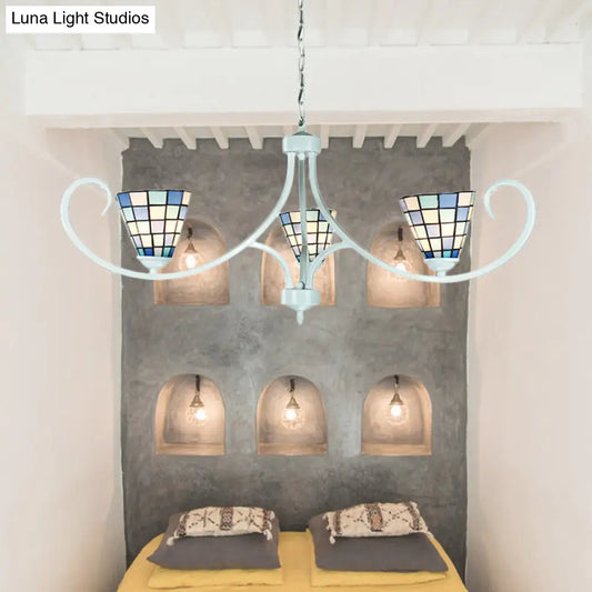 Lámpara colgante cónica con cadena ajustable - Araña de cristal de colores tradicional de 3 luces en azul