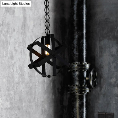 Adjustable Chain Industrial Strap Pendant Ceiling Light - Black Metal - 1-Head Round Hanging Lamp