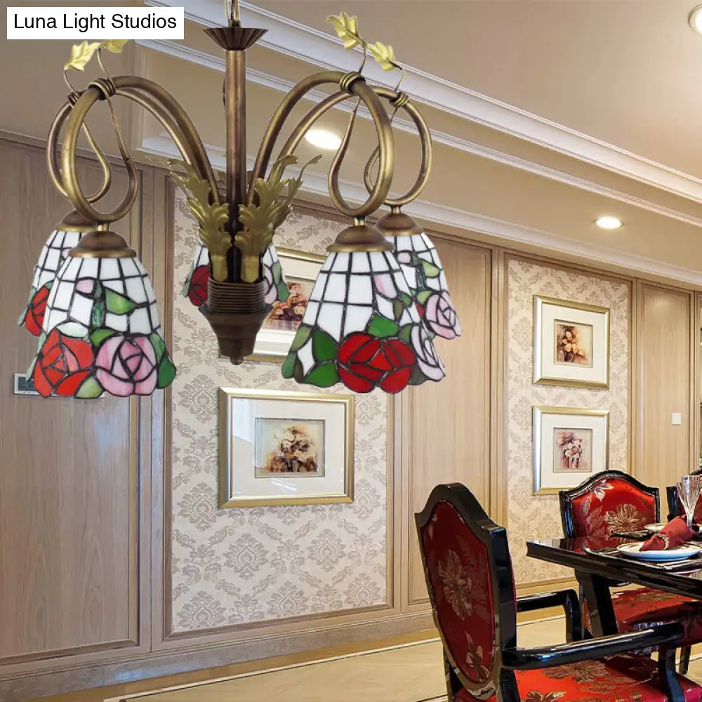 Lámpara de araña rústica con cadena ajustable - Lámpara colgante de rosas, 5 luces, vitral, roja