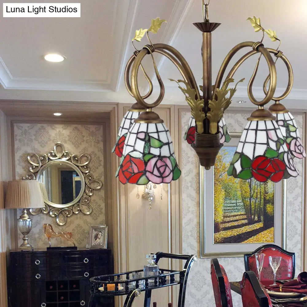 Lámpara de araña rústica con cadena ajustable - Lámpara colgante de rosas, 5 luces, vitral, roja