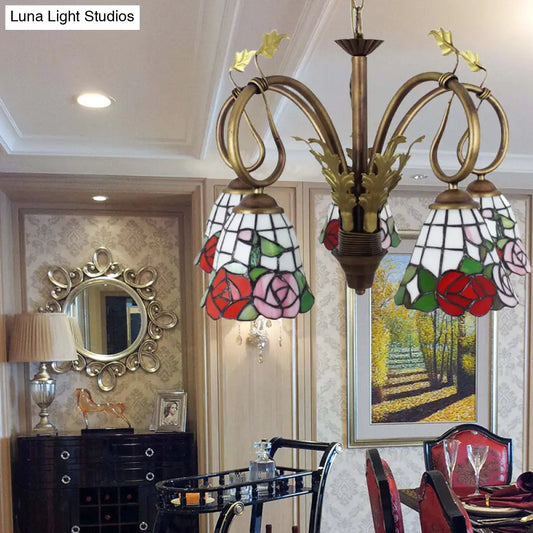 Lámpara de araña rústica con cadena ajustable - Lámpara colgante de rosas, 5 luces, vitral, roja